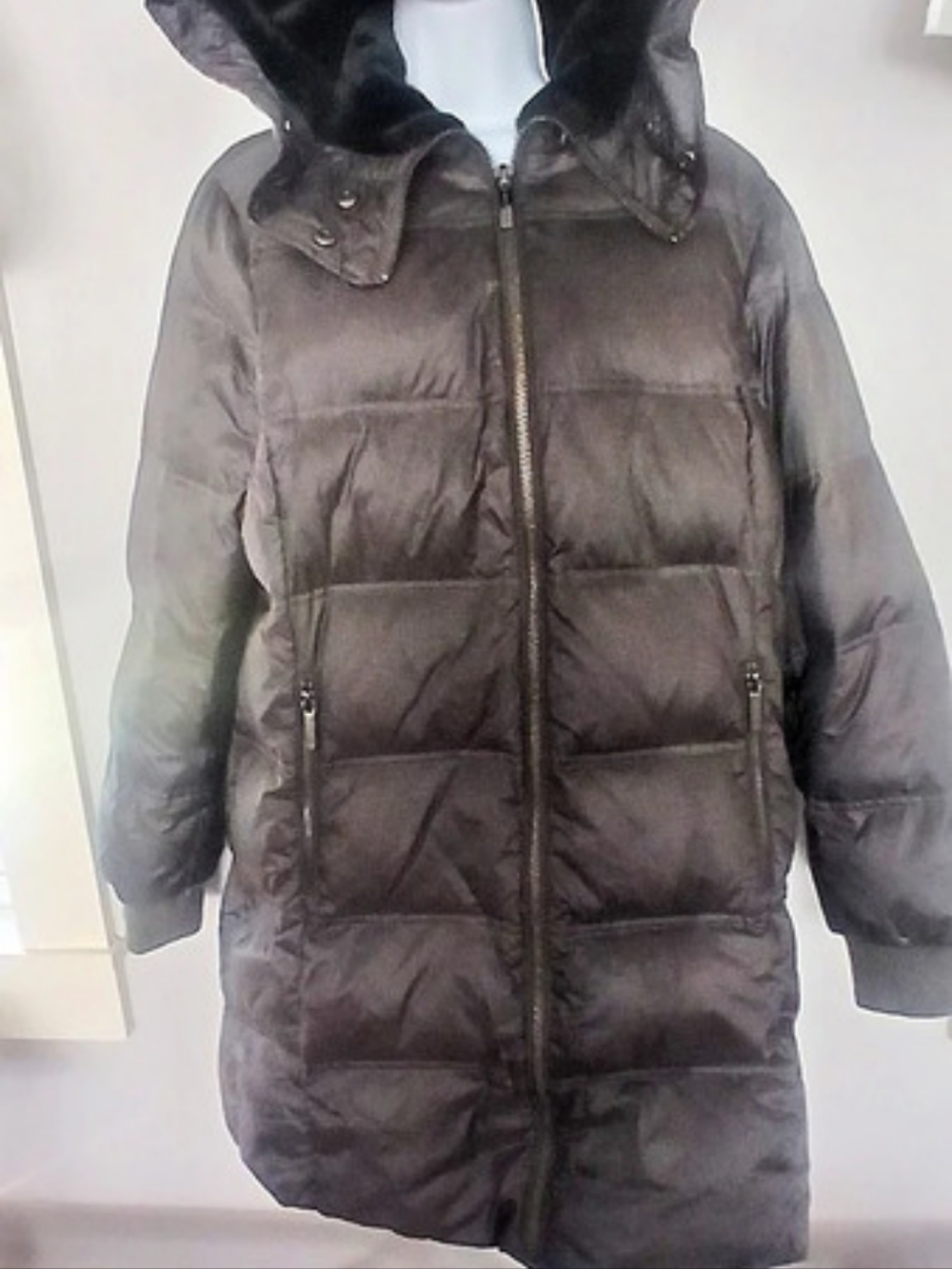 Michael Kors Down Long Puffer Coat, Faux-Fur Lined Hooded Black SZ LG